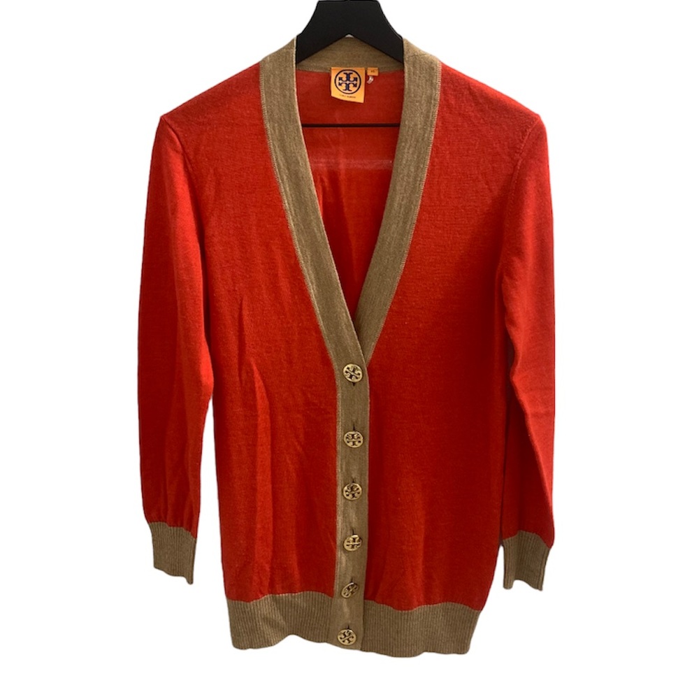 TORY BURCH Red Orange Tan Colorblock Merino Wool Knit Cardigan XS 30123102